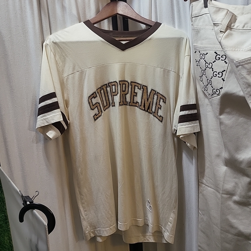 Supreme Glitter Arc Football Top M medium white tee t-shirt V Neck Fw17 31 in ov